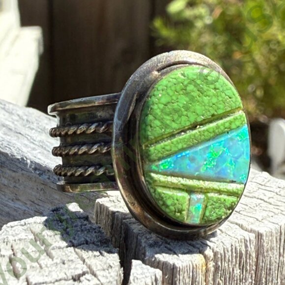Southwestern Sterling Silver Opal & Green Turquoise Ring Size 9 - Picture 3 of 5